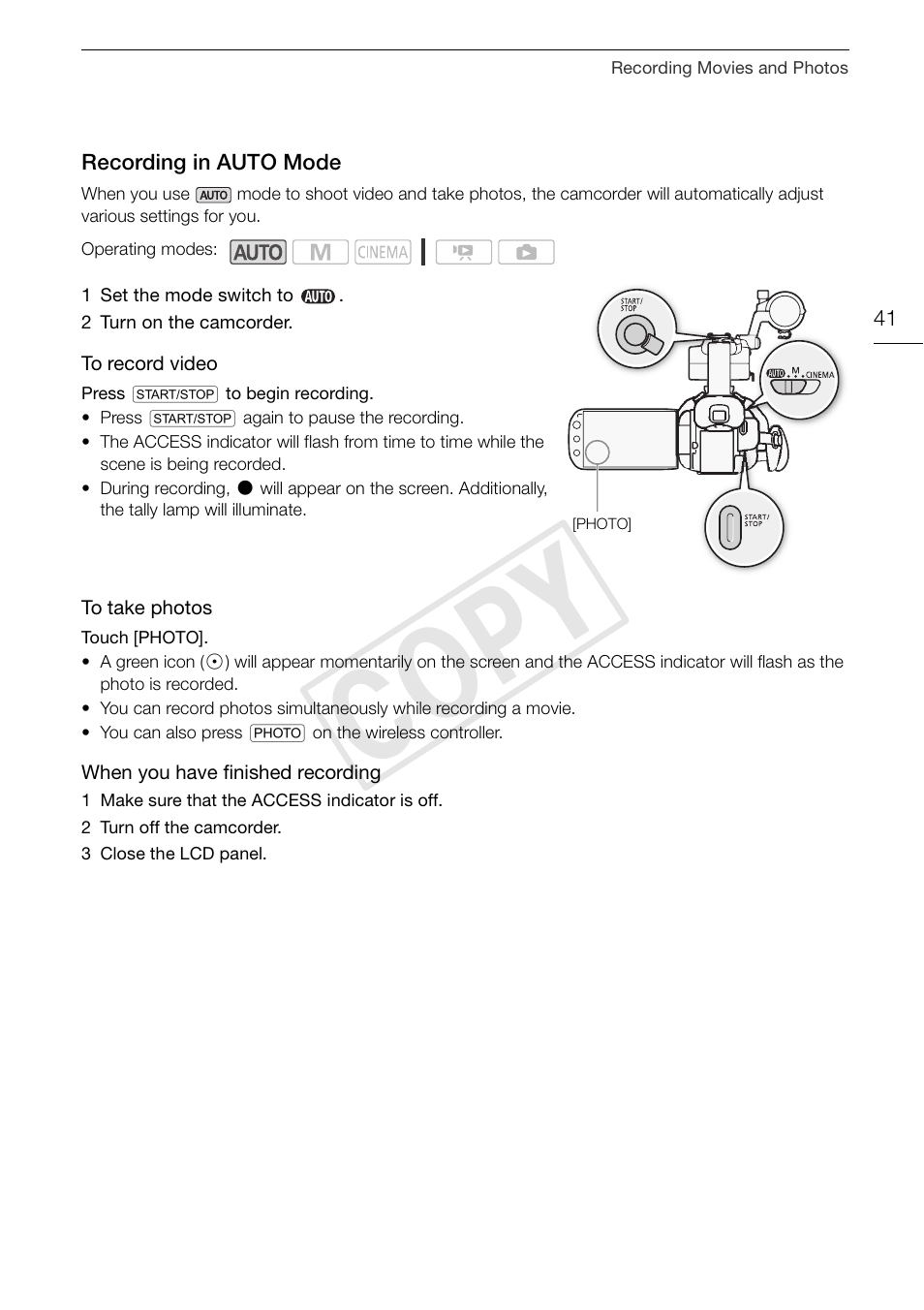 Recording in auto mode 41, 41). t, Cop y | Canon XA10 User Manual | Page 41 / 187