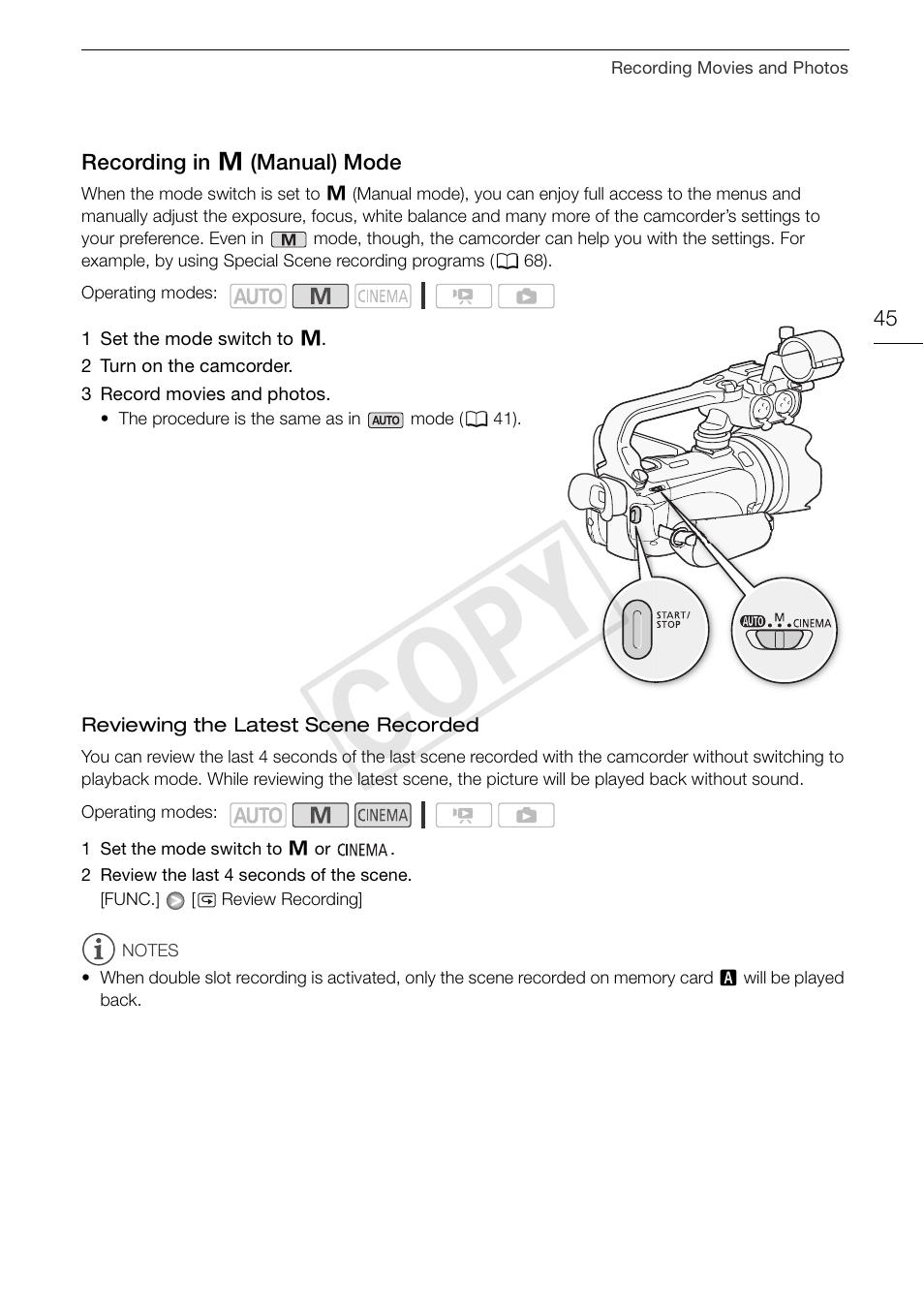 Recording in, Y (manual) mode 45, Cop y | Canon XA10 User Manual | Page 45 / 187