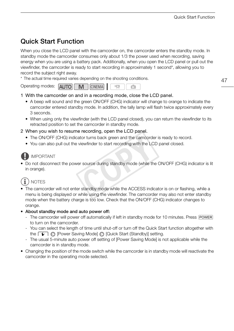 Quick start function 47, Cop y | Canon XA10 User Manual | Page 47 / 187