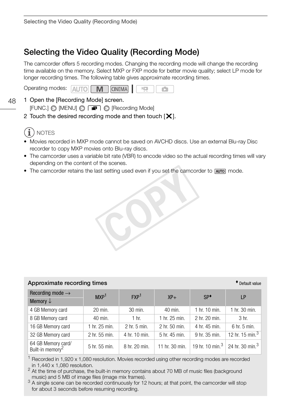 Selecting the video quality (recording, Mode) 48, Cop y | Selecting the video quality (recording mode) | Canon XA10 User Manual | Page 48 / 187