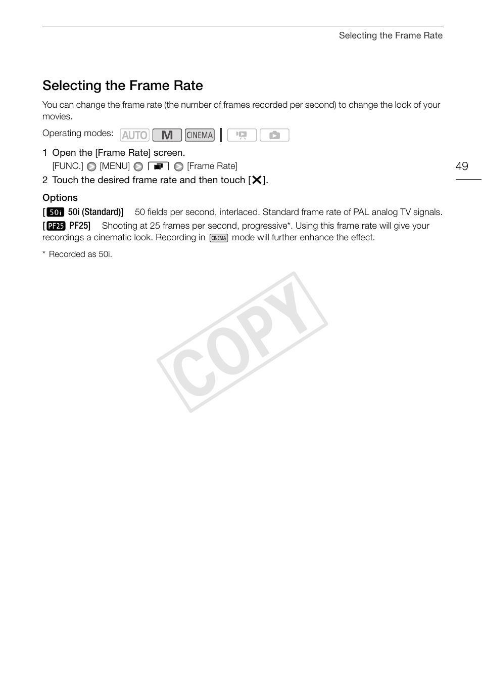 Selecting the frame rate 49, Cop y | Canon XA10 User Manual | Page 49 / 187