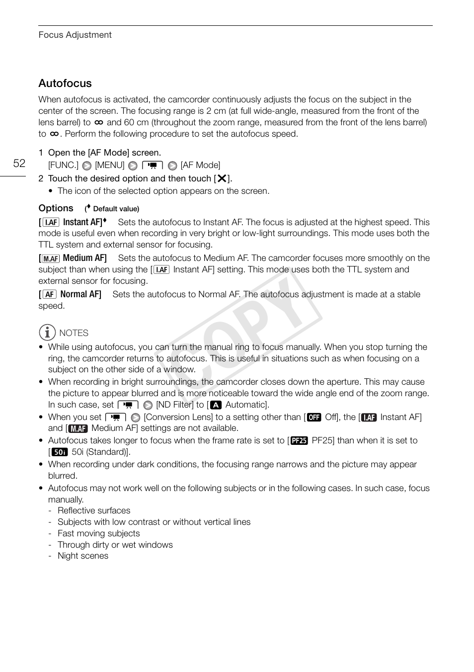 Autofocus 52, Cop y | Canon XA10 User Manual | Page 52 / 187