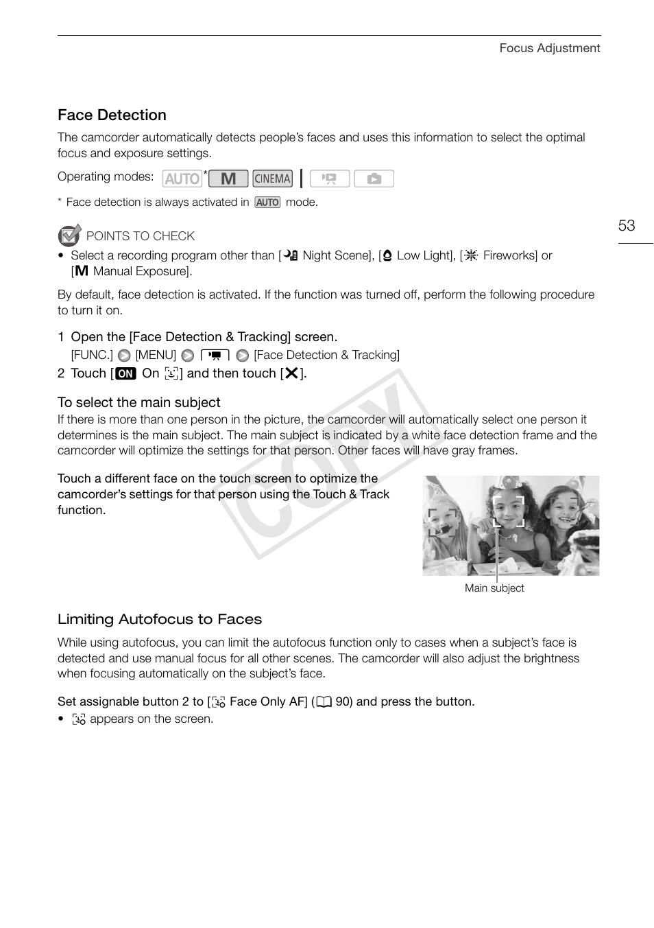 Face detection 53, Cop y | Canon XA10 User Manual | Page 53 / 187