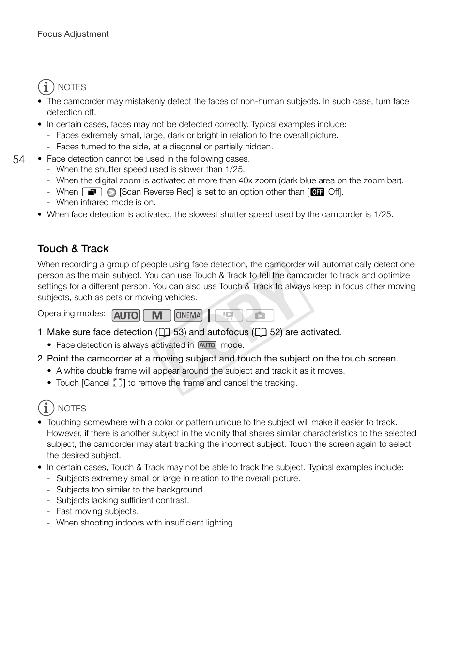 Touch & track 54, Cop y | Canon XA10 User Manual | Page 54 / 187