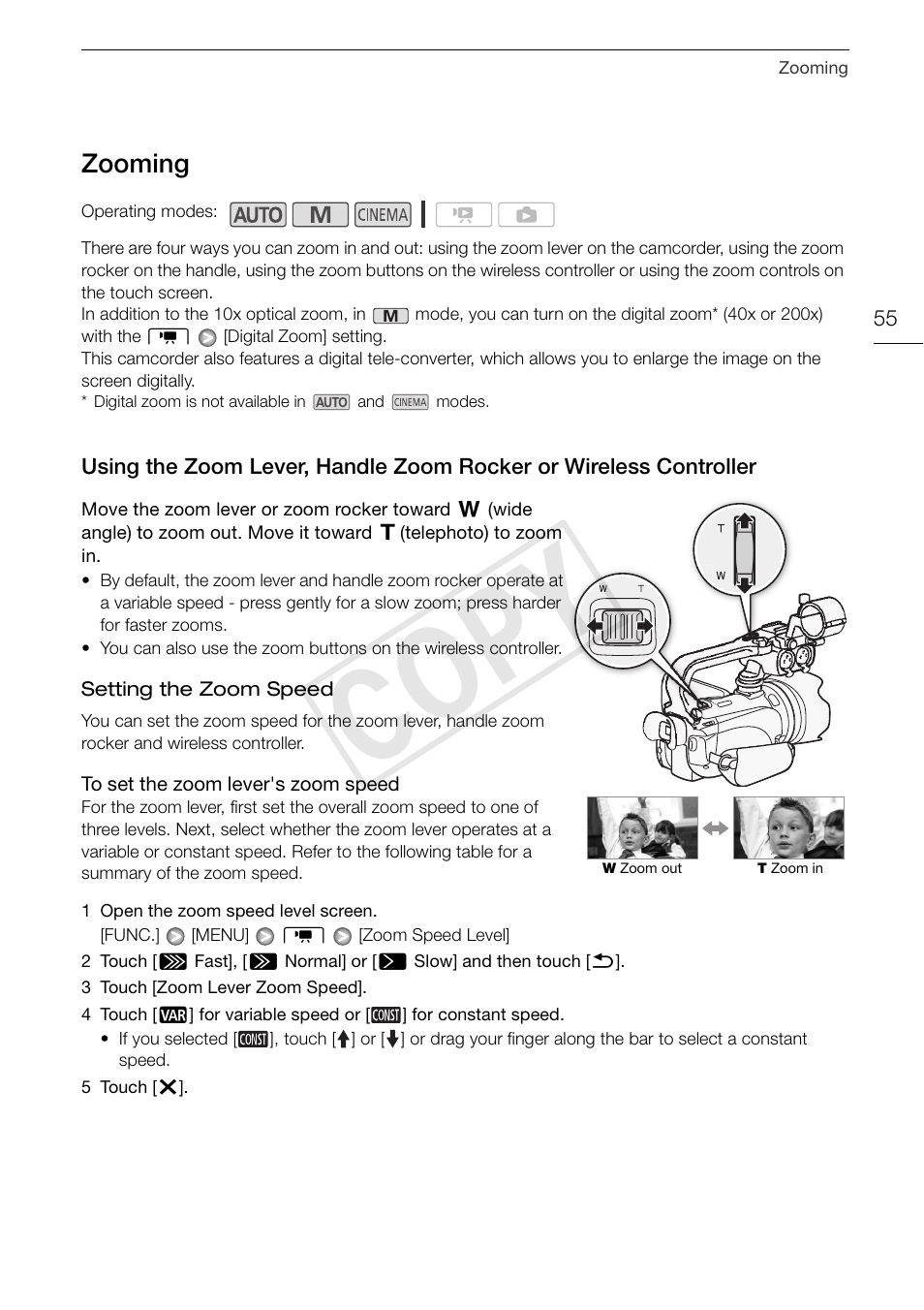 Zooming 55, Using the zoom lever, handle zoom, Rocker or wireless controller 55 | Cop y, Zooming | Canon XA10 User Manual | Page 55 / 187