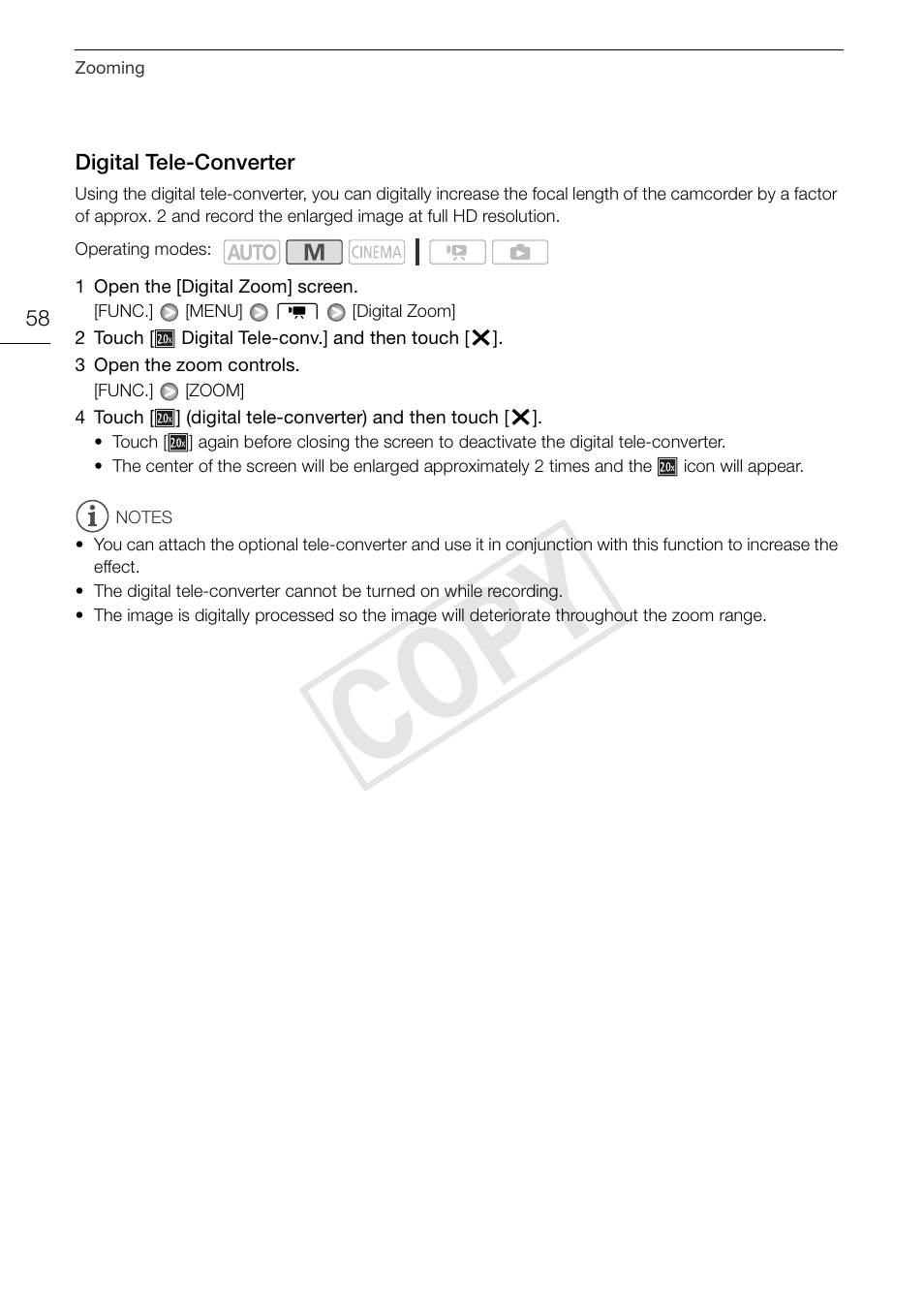 Digital tele-converter 58, Cop y | Canon XA10 User Manual | Page 58 / 187