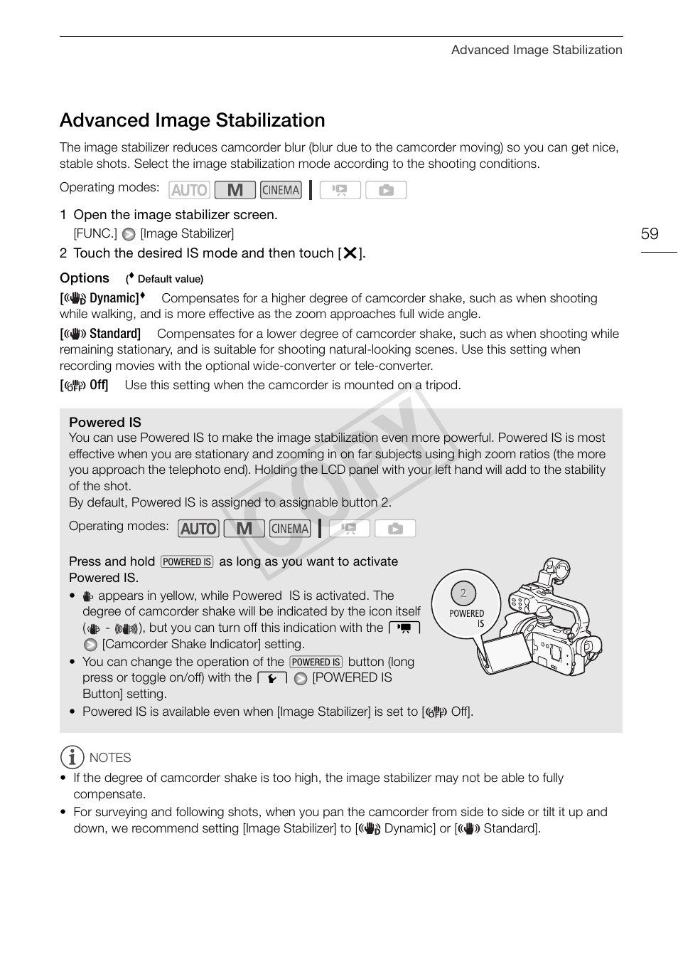 59) wi, Advanced image stabilization 59, Cop y | Advanced image stabilization | Canon XA10 User Manual | Page 59 / 187