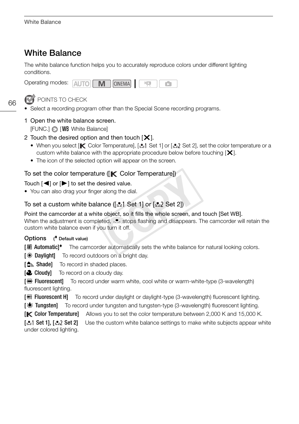 White balance 66, Cop y, White balance | Canon XA10 User Manual | Page 66 / 187