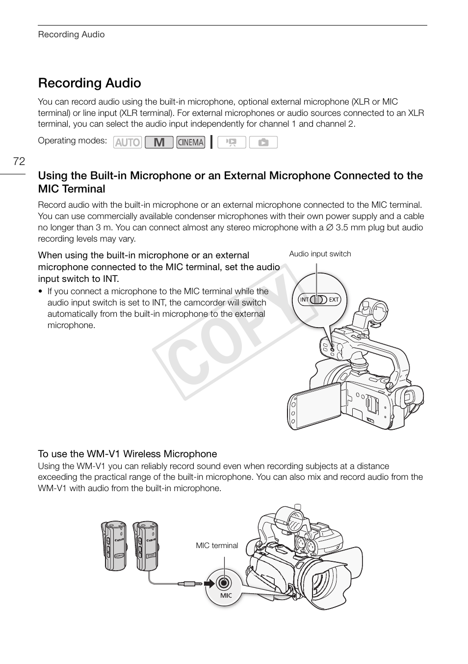 Recording audio 72, Using the built-in microphone or an, Cop y | Canon XA10 User Manual | Page 72 / 187