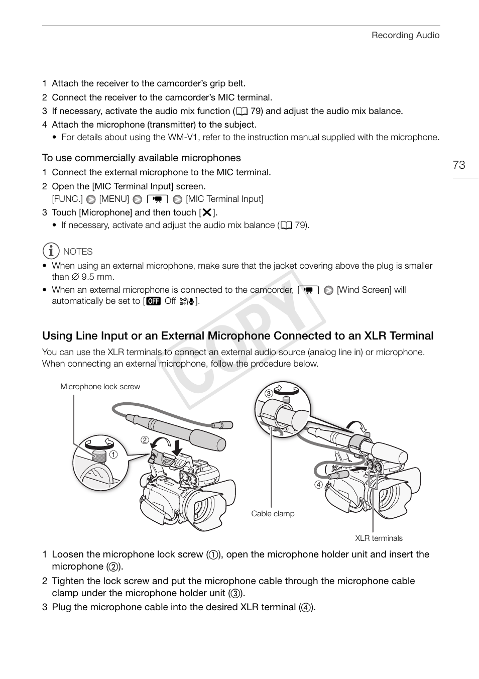Using line input or an external, Microphone connected to an xlr terminal 73, Cop y | Canon XA10 User Manual | Page 73 / 187
