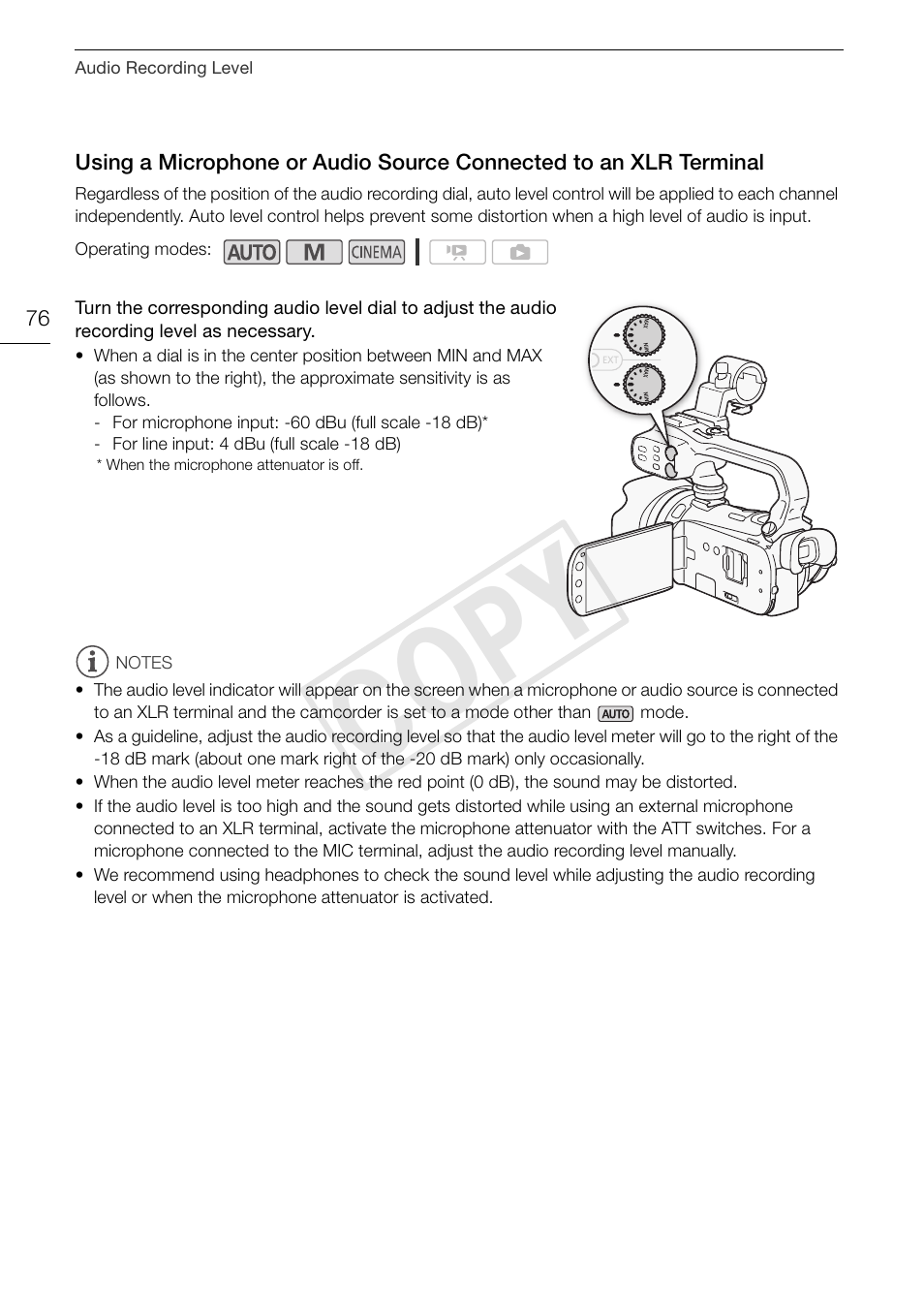 Using a microphone or audio source, Connected to an xlr terminal 76, Cop y | Canon XA10 User Manual | Page 76 / 187
