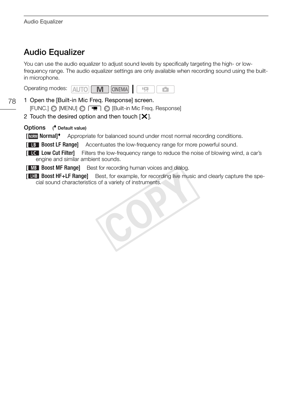 Audio equalizer 78, Cop y, Audio equalizer | Canon XA10 User Manual | Page 78 / 187