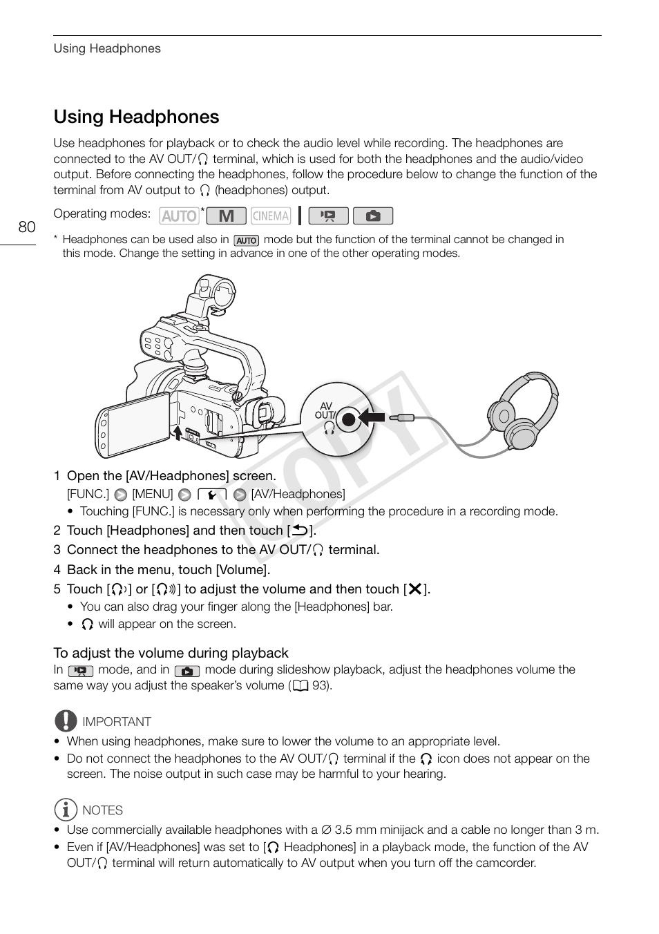 Using headphones 80, Cop y, Using headphones | Canon XA10 User Manual | Page 80 / 187