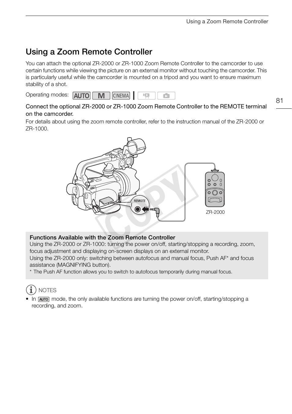 Using a zoom remote controller 81, Cop y | Canon XA10 User Manual | Page 81 / 187