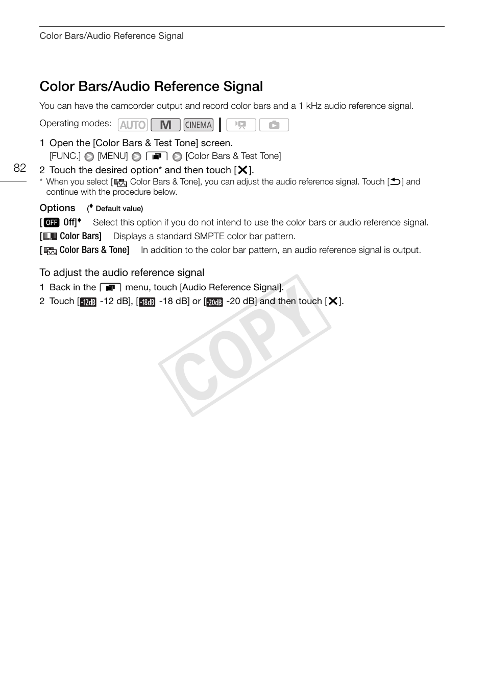 Color bars/audio reference signal 82, Cop y, Color bars/audio reference signal | Canon XA10 User Manual | Page 82 / 187