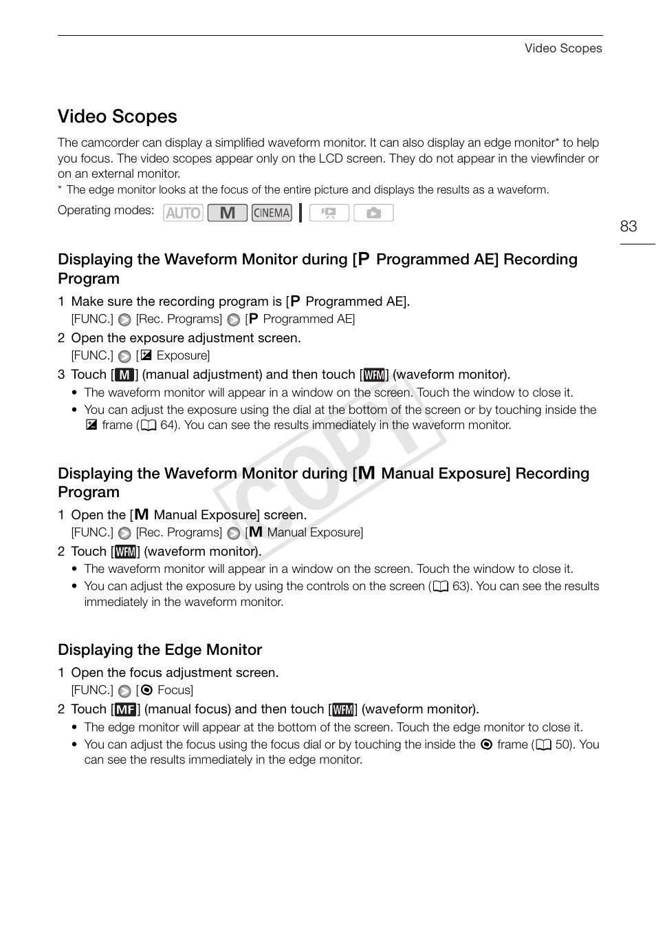 Video scopes 83, Displaying the waveform monitor during, A programmed ae] recording | Program 83, Y manual exposure] recording, Displaying the edge monitor 83, Cop y, Video scopes | Canon XA10 User Manual | Page 83 / 187