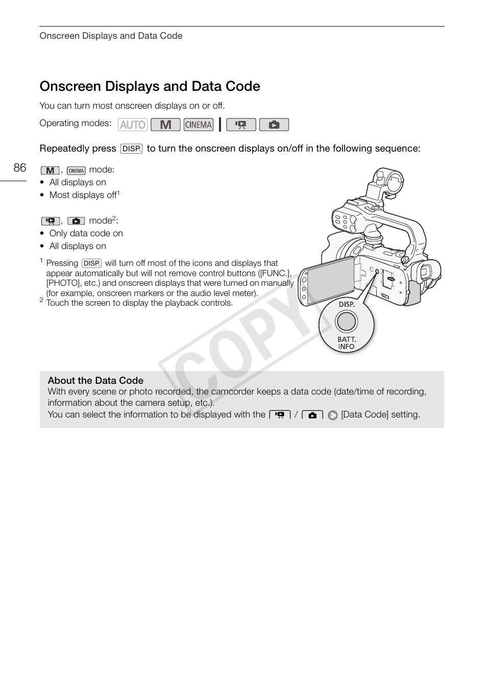 Onscreen displays and data code 86, 86)/ba, Cop y | Canon XA10 User Manual | Page 86 / 187