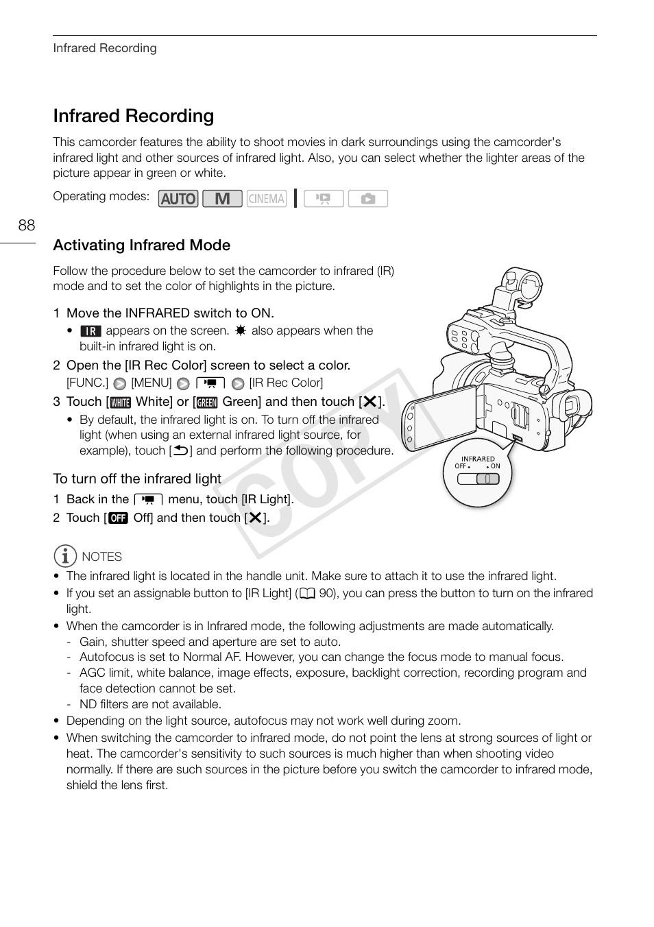 Infrared recording 88, Activating infrared mode 88, Cop y | Infrared recording | Canon XA10 User Manual | Page 88 / 187