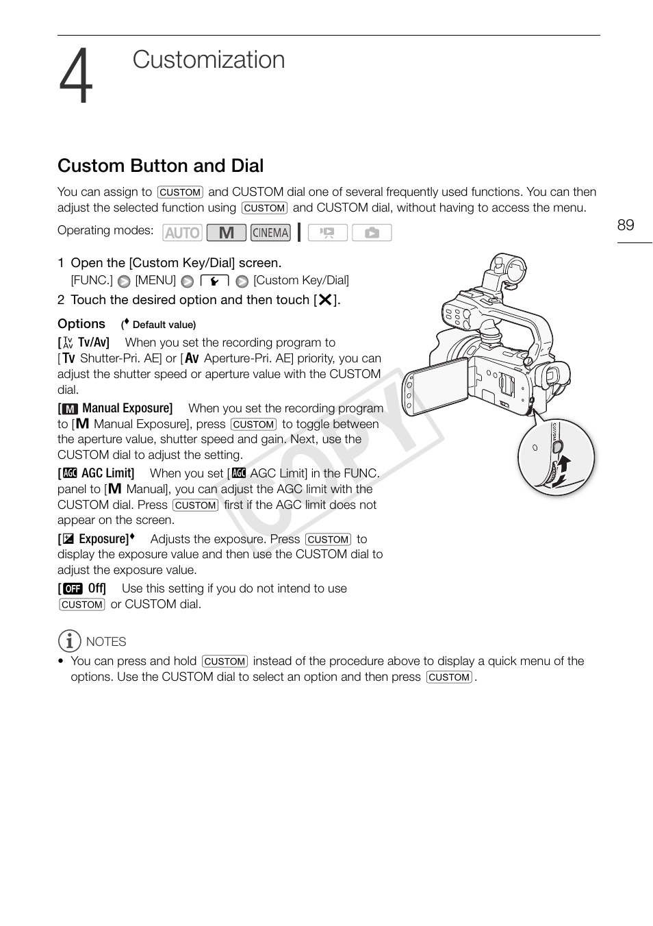 4 customization 89, Custom button and dial 89, Cop y | Customization, Custom button and dial | Canon XA10 User Manual | Page 89 / 187