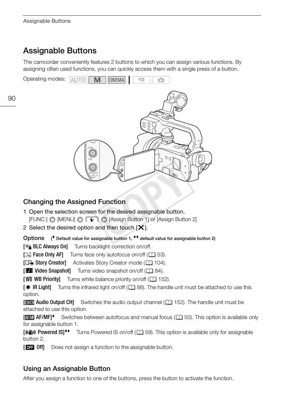 Assignable buttons 90, Cop y, Assignable buttons | Canon XA10 User Manual | Page 90 / 187