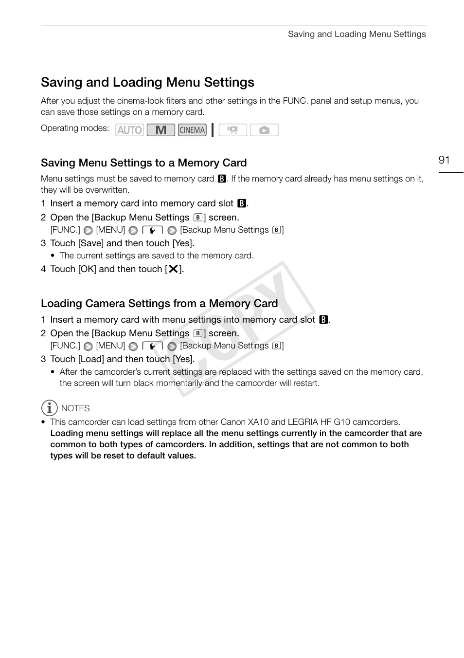 Saving and loading menu settings 91, Saving menu settings to a memory, Card 91 | Loading camera settings from a memory, Cop y | Canon XA10 User Manual | Page 91 / 187