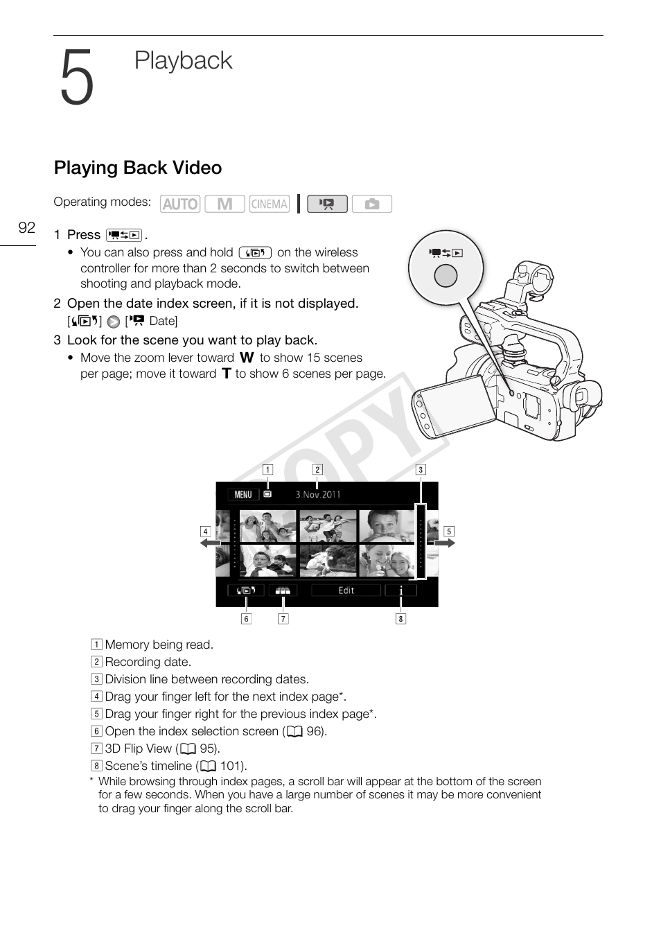 5 playback 92, Playing back video 92, Cop y | Playback | Canon XA10 User Manual | Page 92 / 187