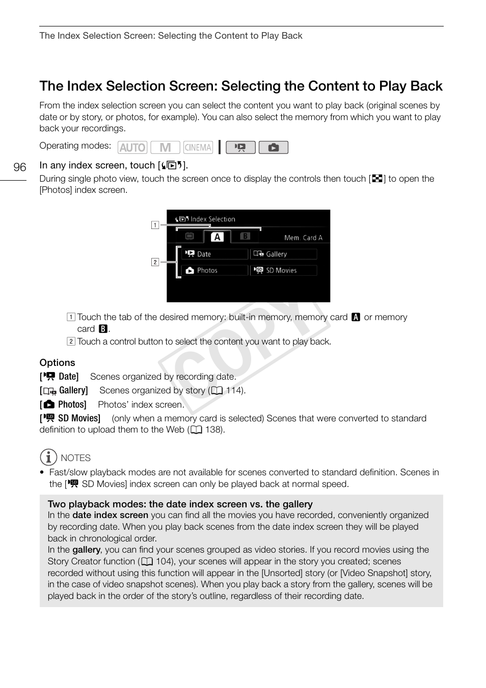 The index selection screen: selecting the, Content to play back 96, Cop y | Canon XA10 User Manual | Page 96 / 187