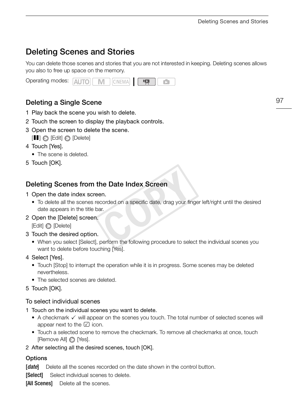 Deleting scenes and stories 97, Screen 97, Cop y | Deleting scenes and stories | Canon XA10 User Manual | Page 97 / 187