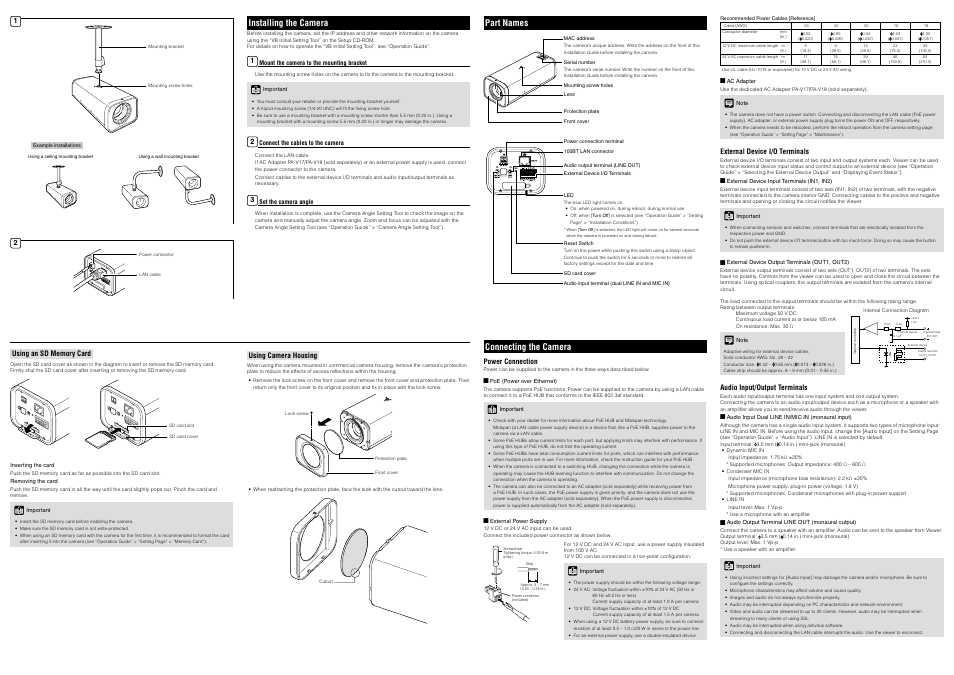 Part names, Installing the camera, Connecting the camera | Canon VB-H710F User Manual | Page 2 / 2