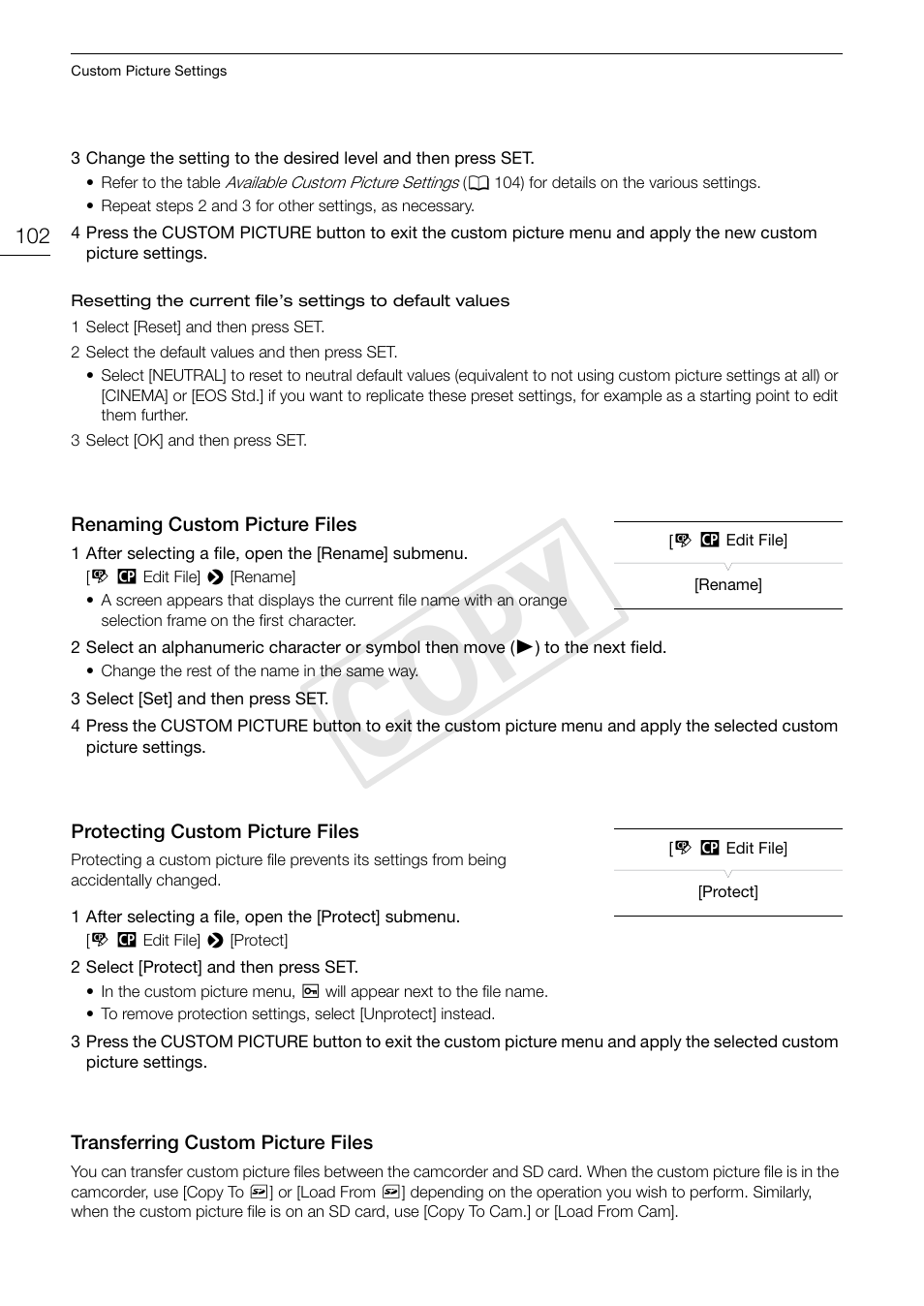 Renaming custom picture files 102, Cop y | Canon EOS C300 User Manual | Page 102 / 186