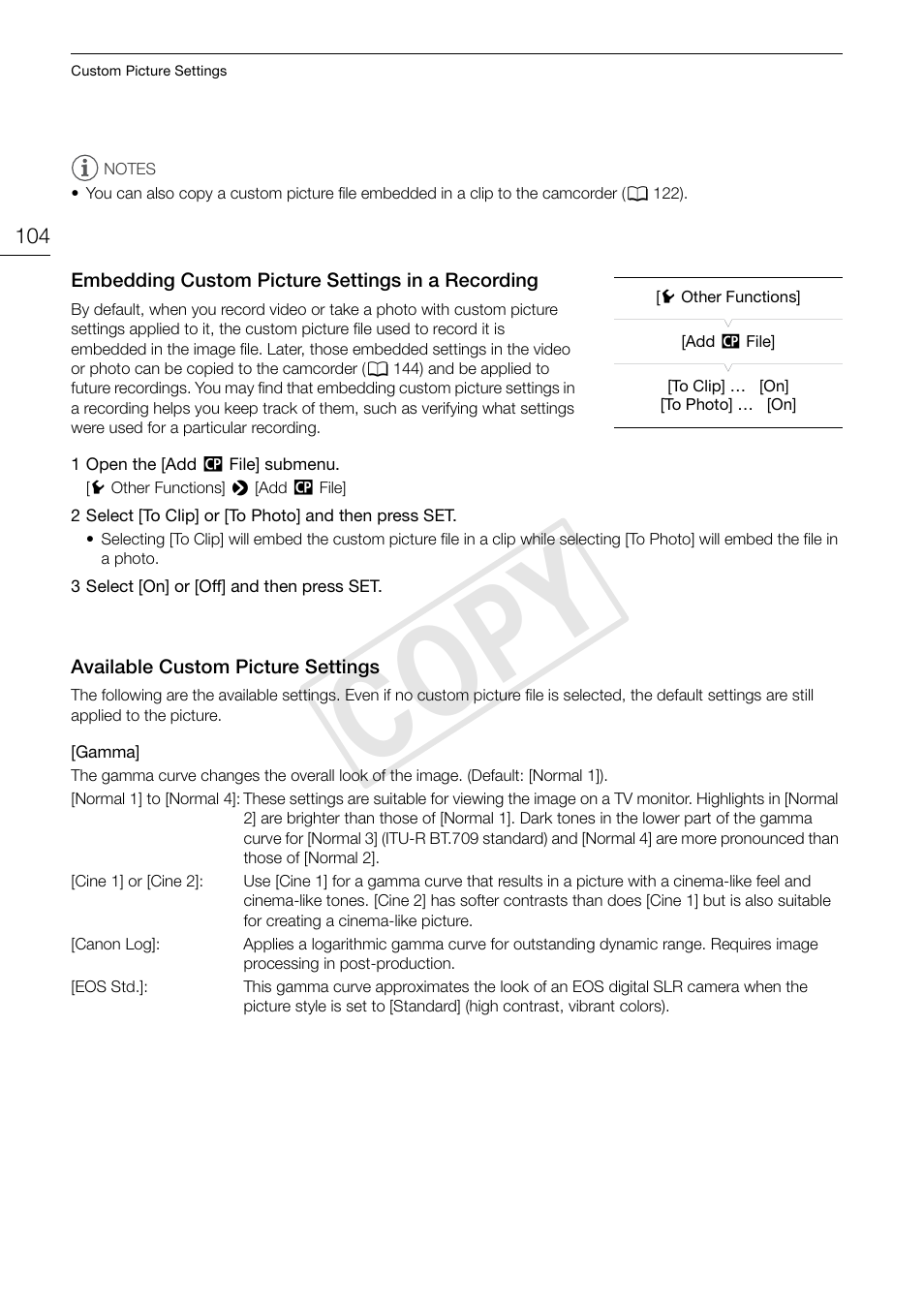 Embedding custom picture settings in a, Recording 104, Available custom picture settings 104 | Cop y | Canon EOS C300 User Manual | Page 104 / 186