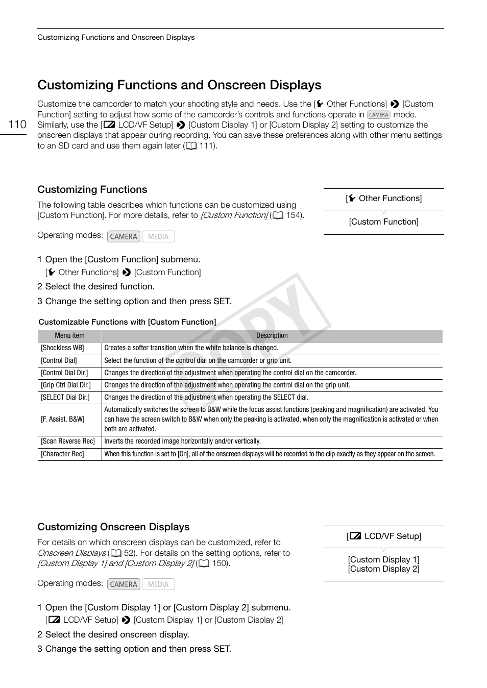 110) an, 110) g, Customizing functions and onscreen | Displays 110, 110) t, Cop y, Customizing functions and onscreen displays | Canon EOS C300 User Manual | Page 110 / 186