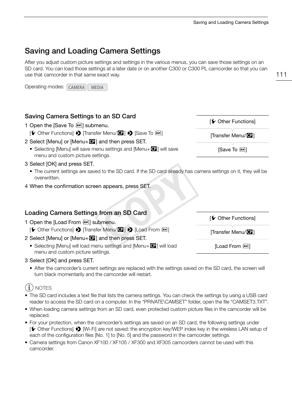 Saving and loading camera settings 111, Cop y, Saving and loading camera settings | Canon EOS C300 User Manual | Page 111 / 186