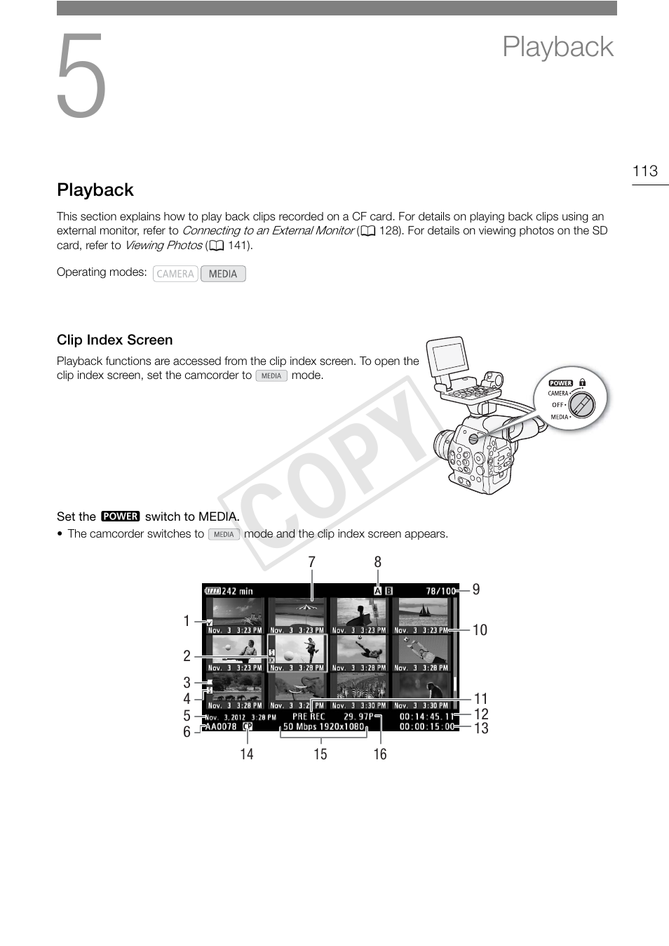 Playback 113, Clip index screen 113, Cop y | Playback | Canon EOS C300 User Manual | Page 113 / 186