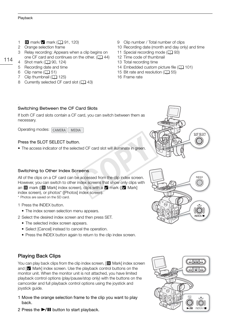 Playing back clips 114, Cop y | Canon EOS C300 User Manual | Page 114 / 186