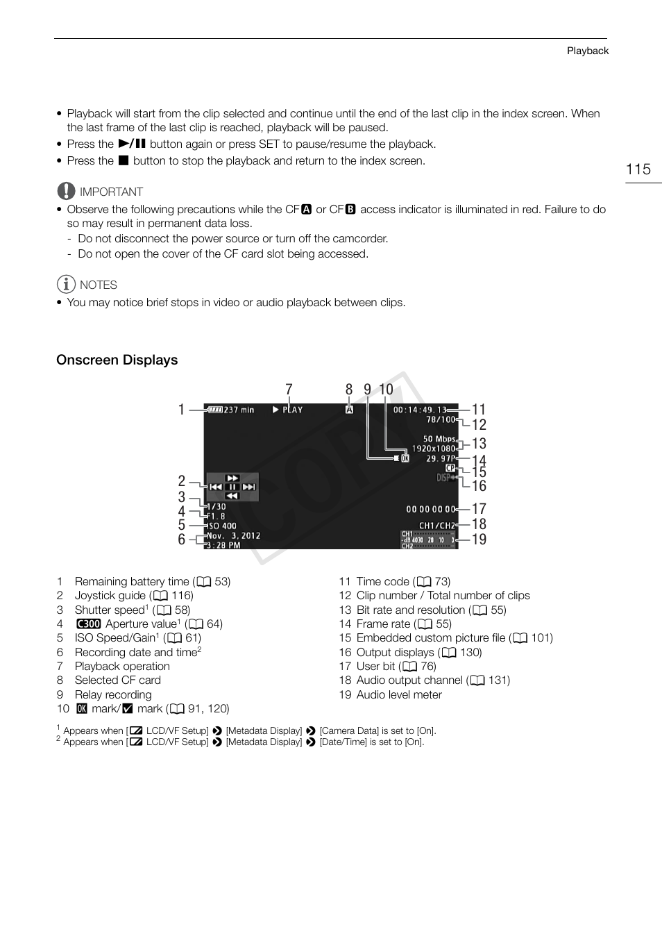 Onscreen displays 115, 115)/ba, Cop y | Canon EOS C300 User Manual | Page 115 / 186