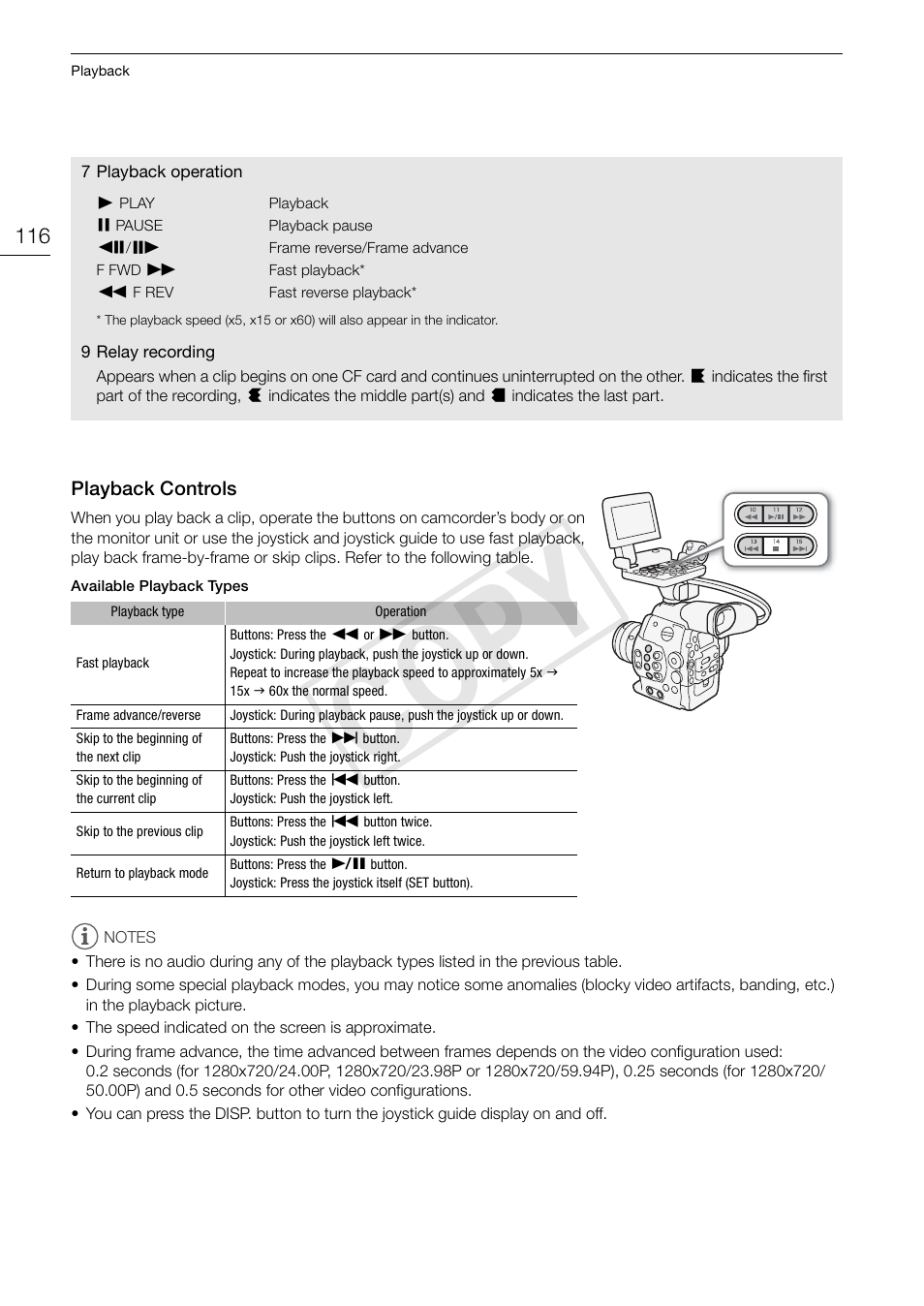 Playback controls 116, Cop y | Canon EOS C300 User Manual | Page 116 / 186