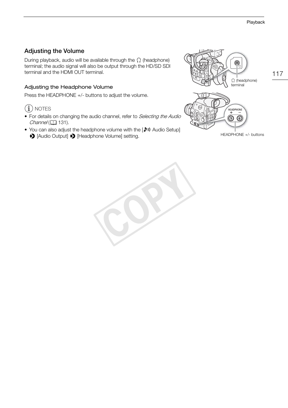 Adjusting the volume 117, 117)/a, Cop y | Canon EOS C300 User Manual | Page 117 / 186