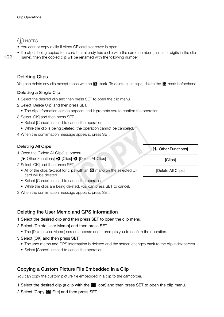 Deleting clips 122 deleting the user memo and gps, Information 122, Copying a custom picture file embedded in a | Clip 122, Cop y | Canon EOS C300 User Manual | Page 122 / 186