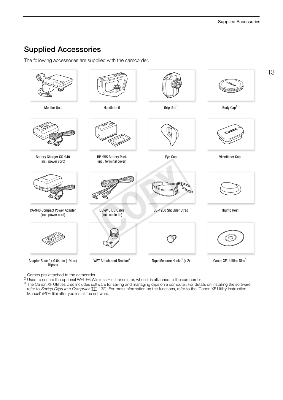 Supplied accessories 13, Cop y, Supplied accessories | Canon EOS C300 User Manual | Page 13 / 186