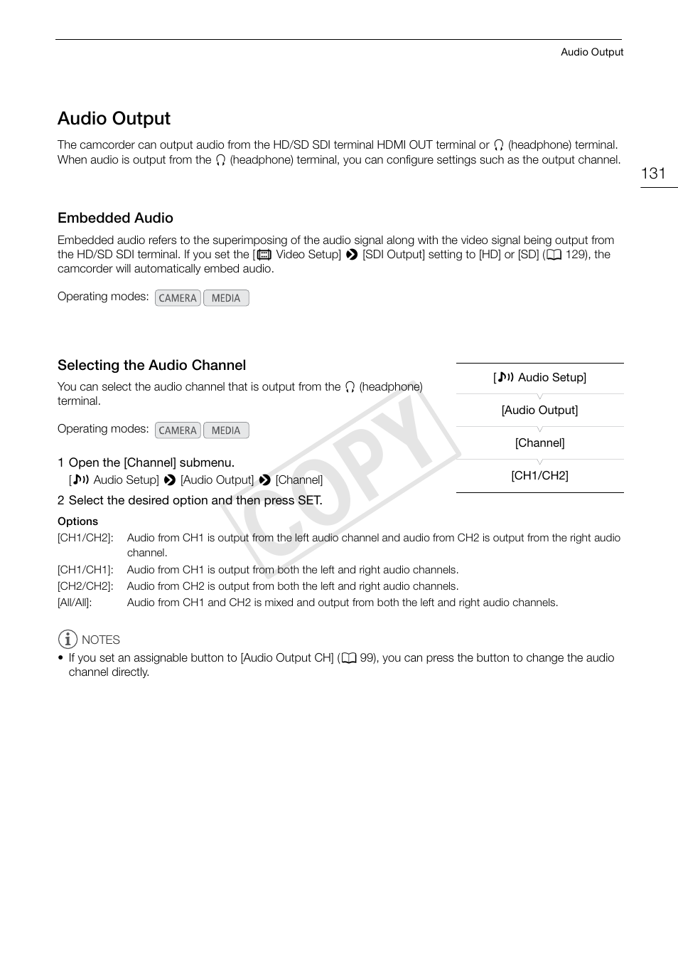 Audio output 131, Embedded audio 131 selecting the audio channel 131, Cop y | Canon EOS C300 User Manual | Page 131 / 186