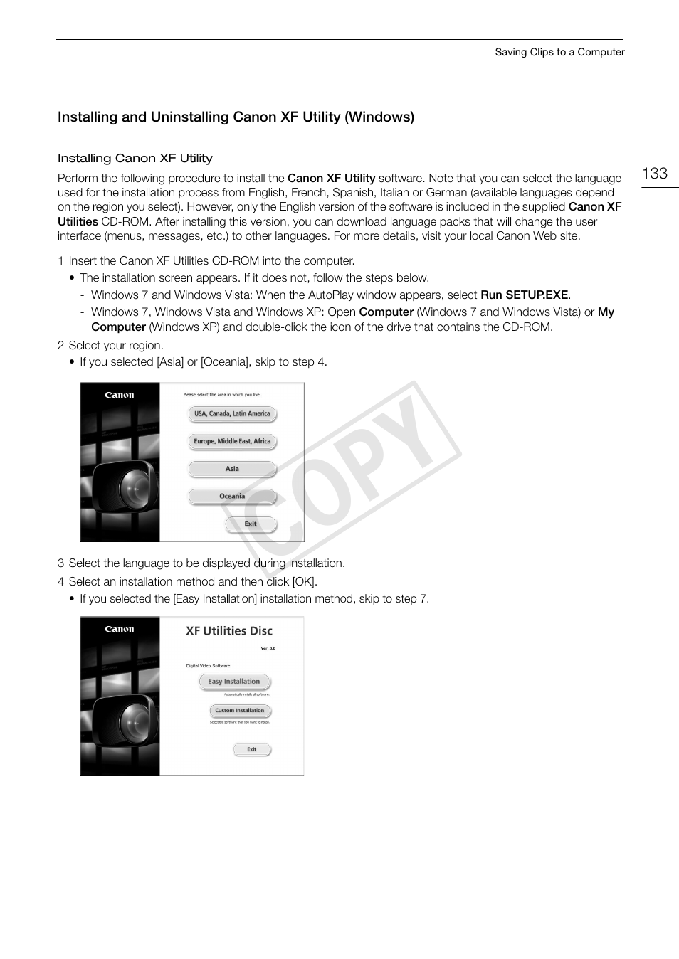 Installing and uninstalling canon xf utility, Windows) 133, Cop y | Canon EOS C300 User Manual | Page 133 / 186