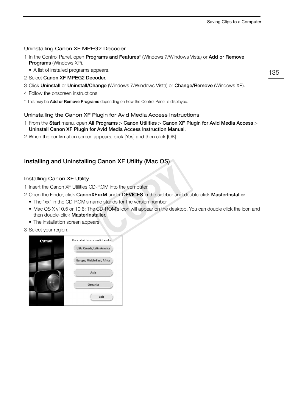 Installing and uninstalling canon xf utility, Mac os) 135, Cop y | Canon EOS C300 User Manual | Page 135 / 186