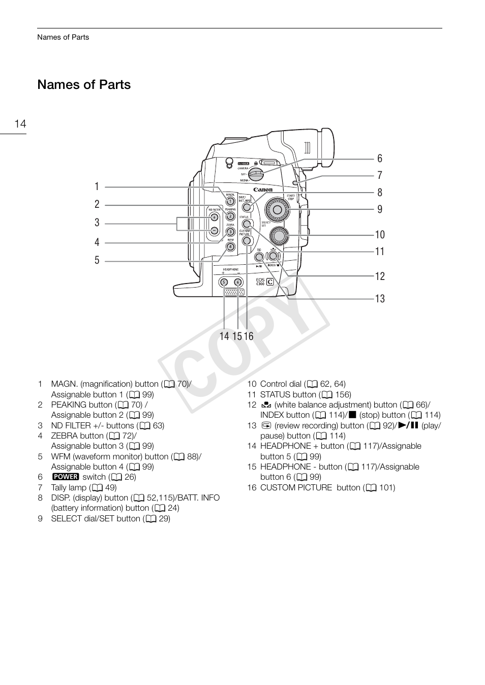 Names of parts 14, Cop y | Canon EOS C300 User Manual | Page 14 / 186