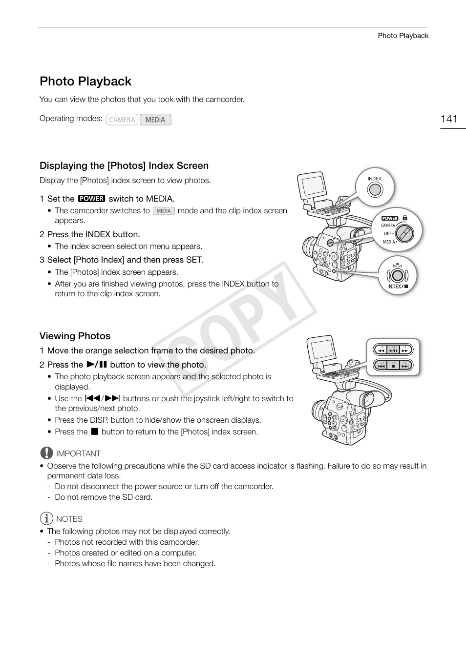 Photo playback 141, Cop y | Canon EOS C300 User Manual | Page 141 / 186