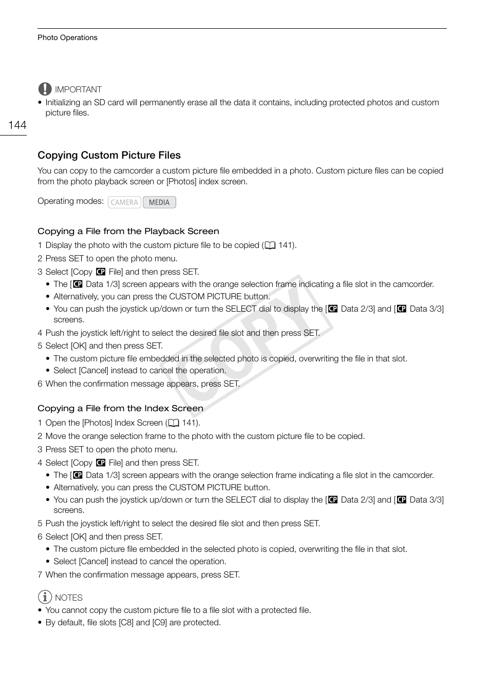 Copying custom picture files 144, Cop y | Canon EOS C300 User Manual | Page 144 / 186