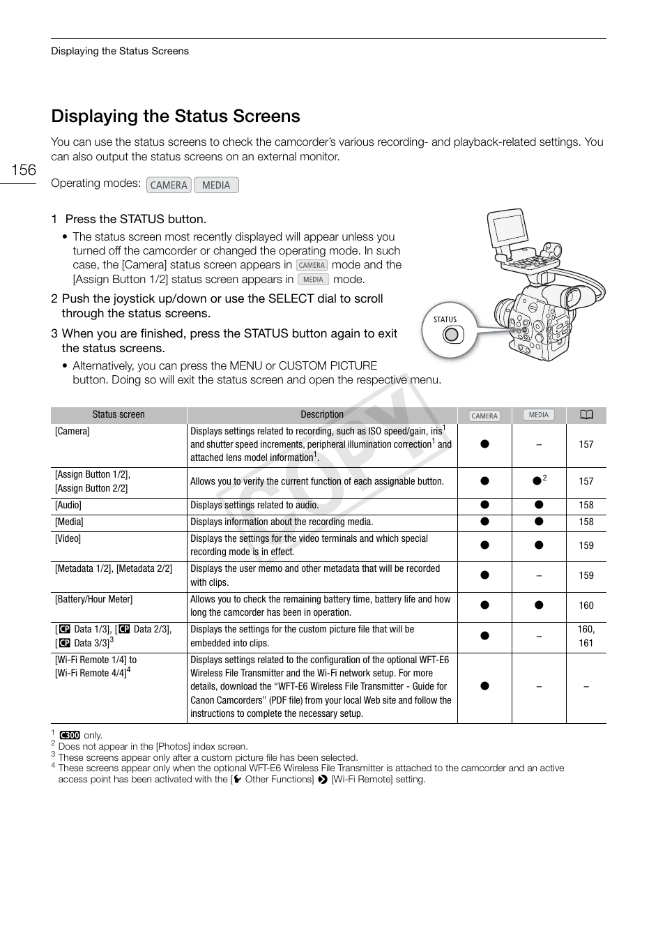 Displaying the status screens 156, Cop y, Displaying the status screens | Canon EOS C300 User Manual | Page 156 / 186