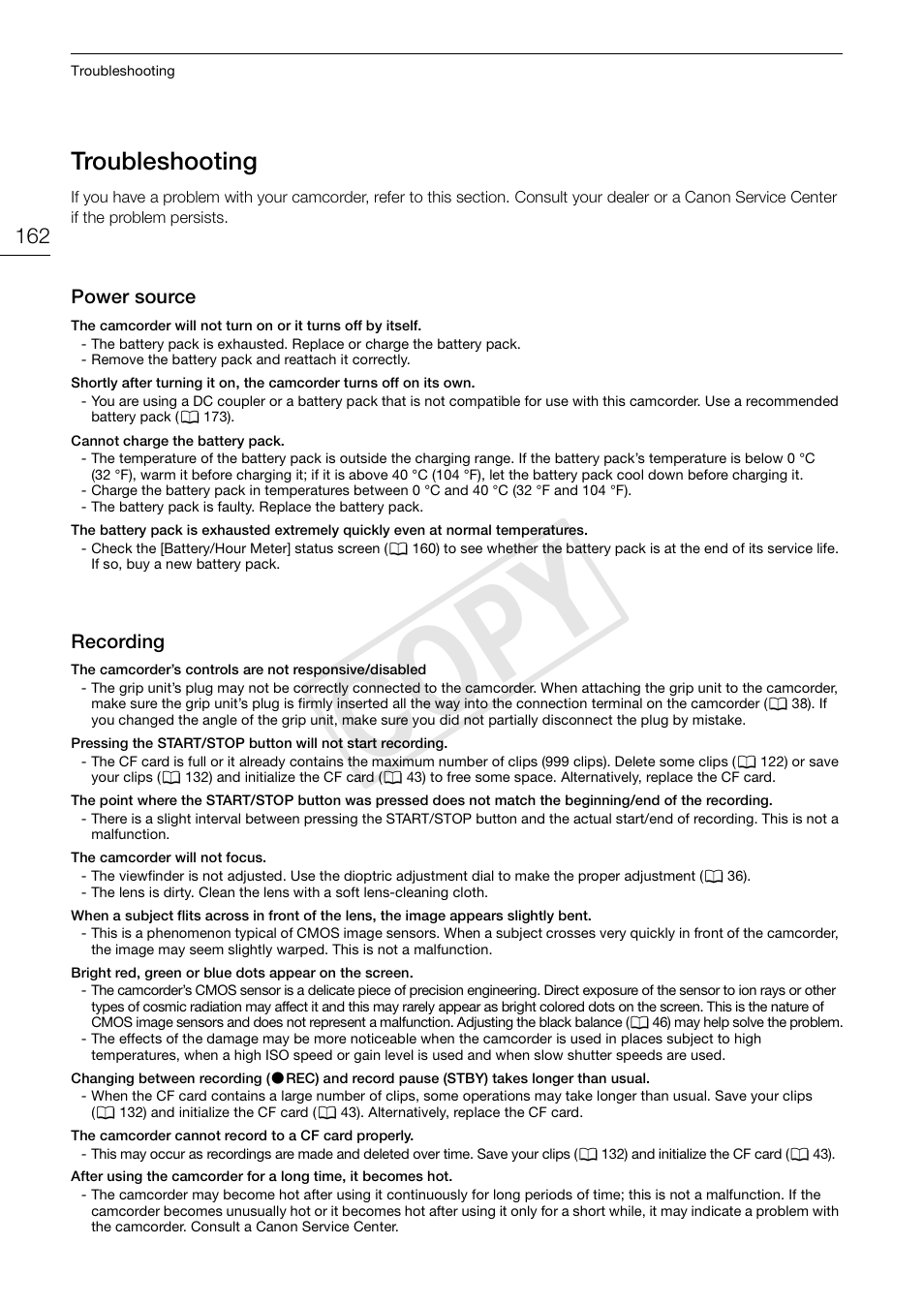 Troubleshooting 162, Cop y, Troubleshooting | Canon EOS C300 User Manual | Page 162 / 186