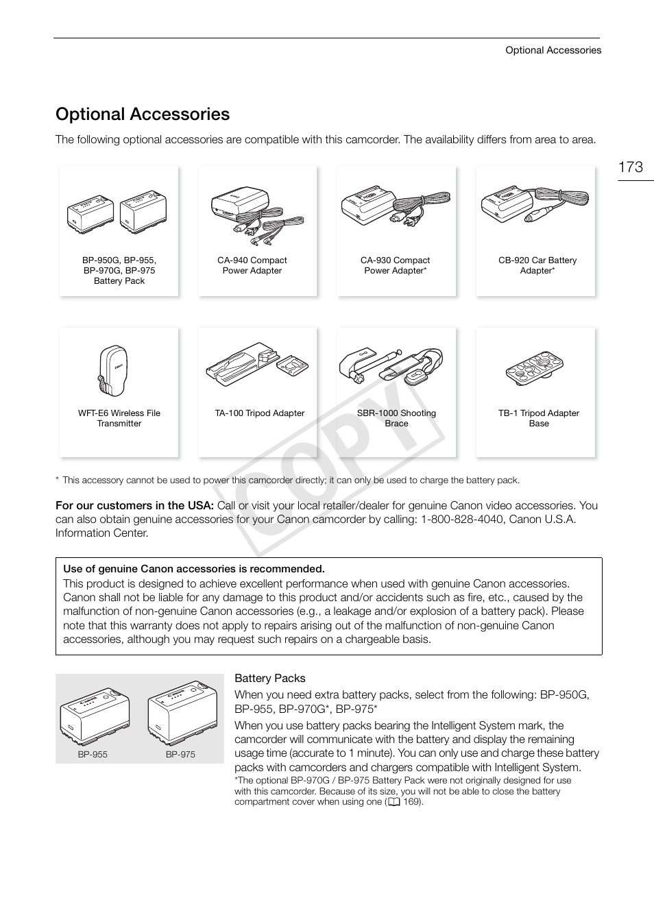 Optional accessories 173, Cop y, Optional accessories | Canon EOS C300 User Manual | Page 173 / 186