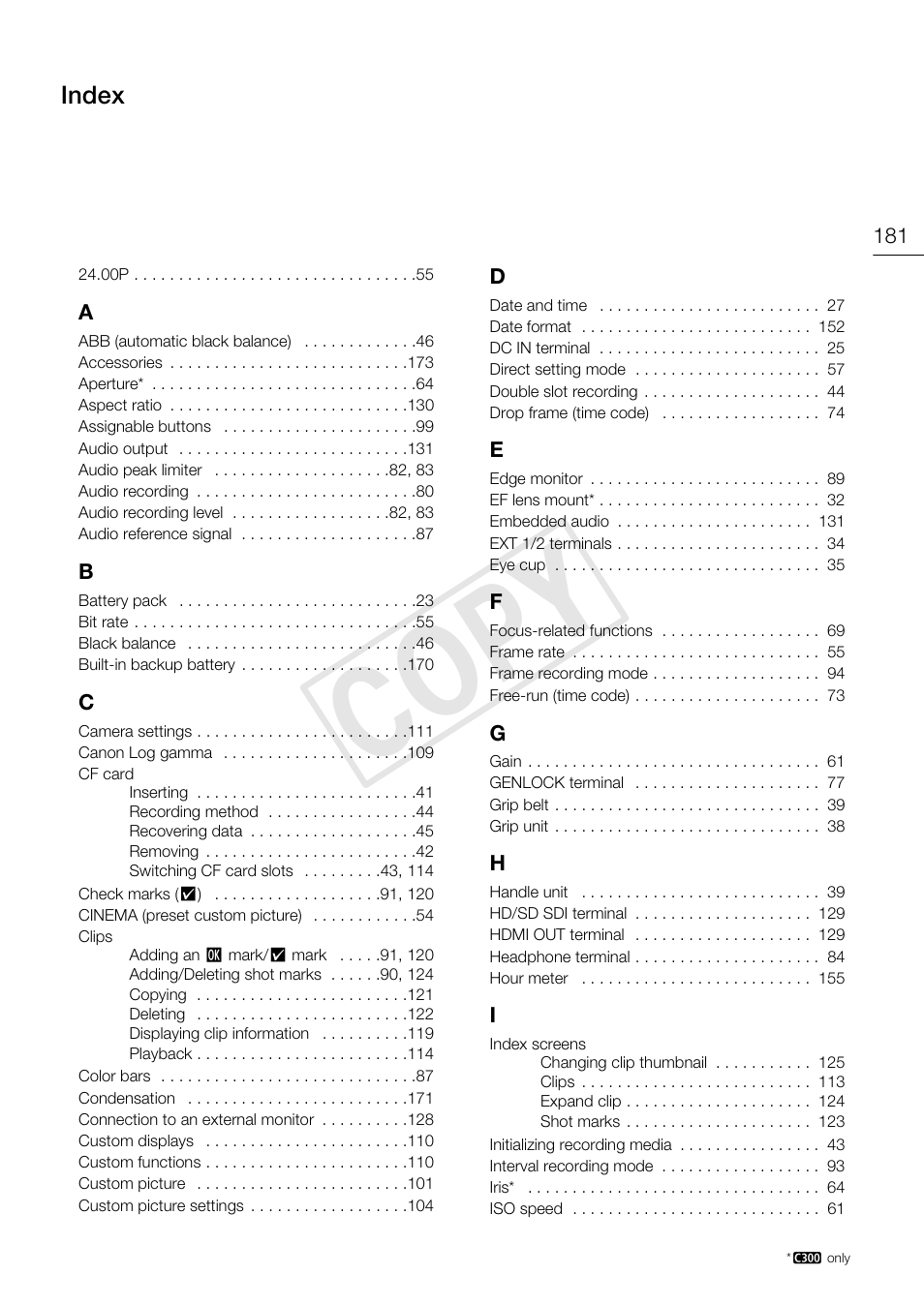 Index 181, C op y | Canon EOS C300 User Manual | Page 181 / 186